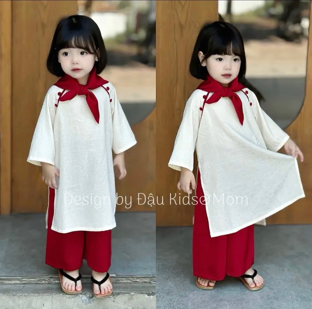 b- SET ÁO DÀI BÉ GÁI LỤA GẤM TRẮNG QUẦN ĐỎ