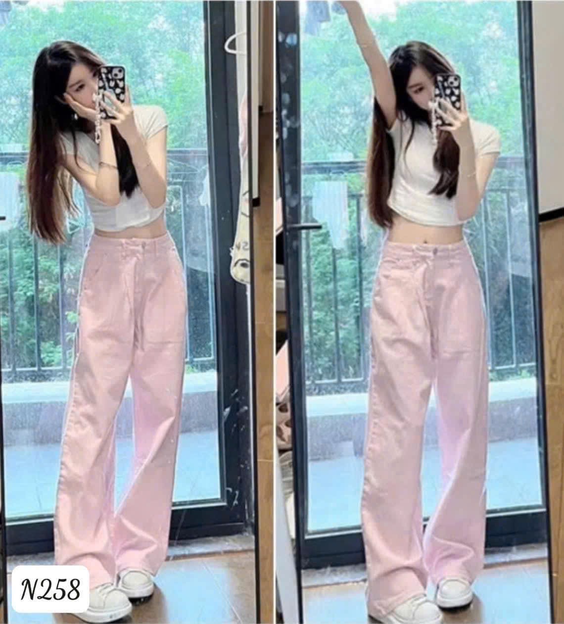 - QUẦN JEANS SUÔNG HỒNG NHẠT CHIẾT LI CẠP