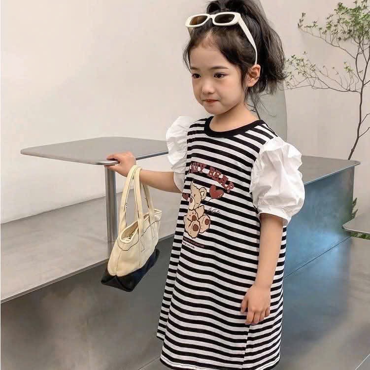 VÁY BÉ GÁI KẺ NGANG GẤU FUNNY TAY BỒNG