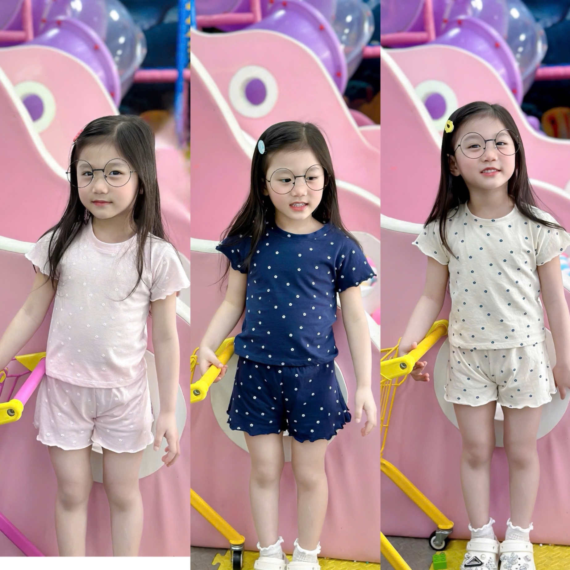 - SET 3 BỘ ĐÙI BÉ GÁI HOA NHÍ BÈO than hồng be