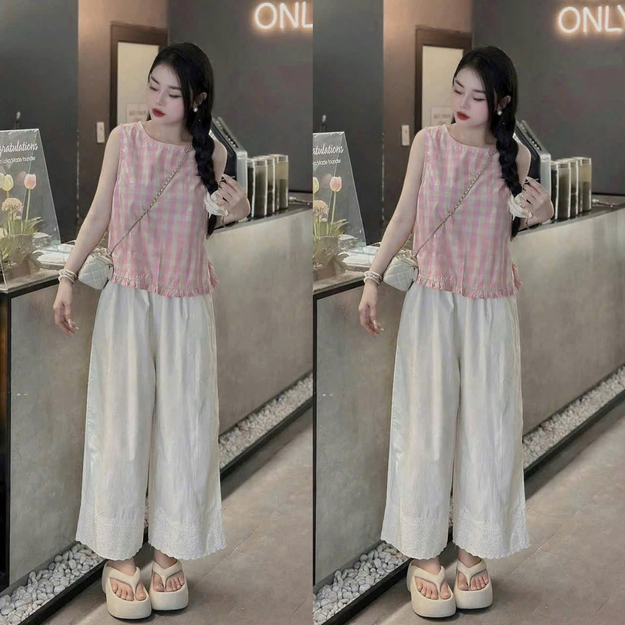 - BỘ NỮ ÁO KẺ HỒNG SÁT NÁCH QUẦN SUÔNG TRẮNG REN