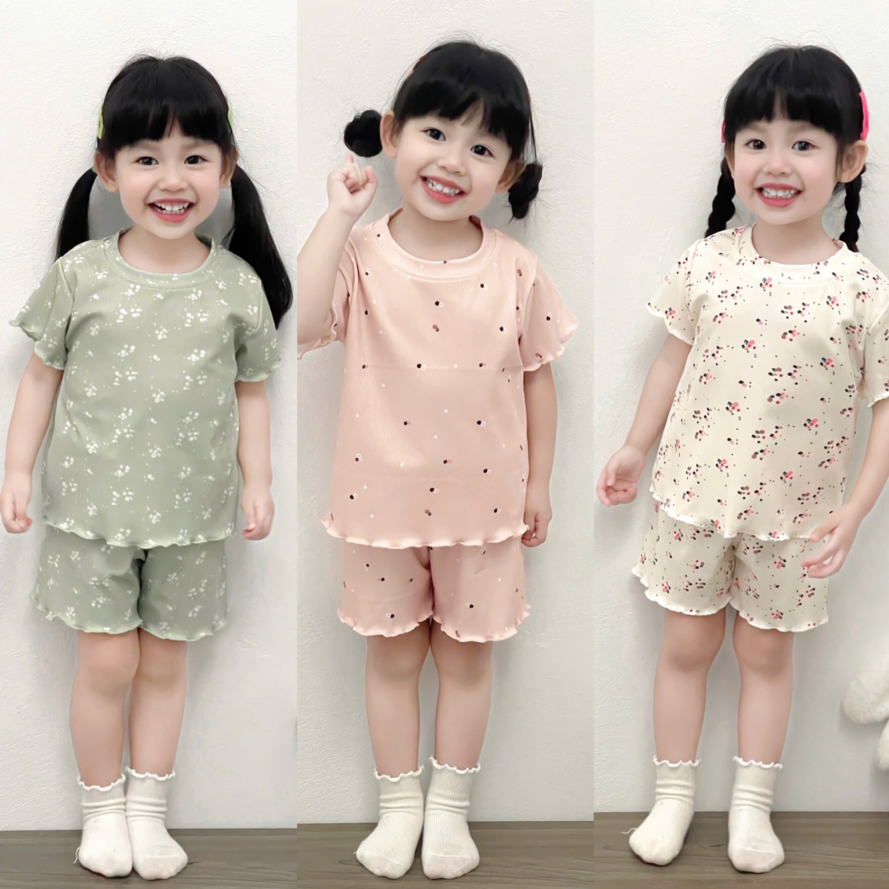 - SET 3 BỘ ĐÙI BÉ GÁI HOA NHÍ VIỀN BÈO xanh hồng trắng