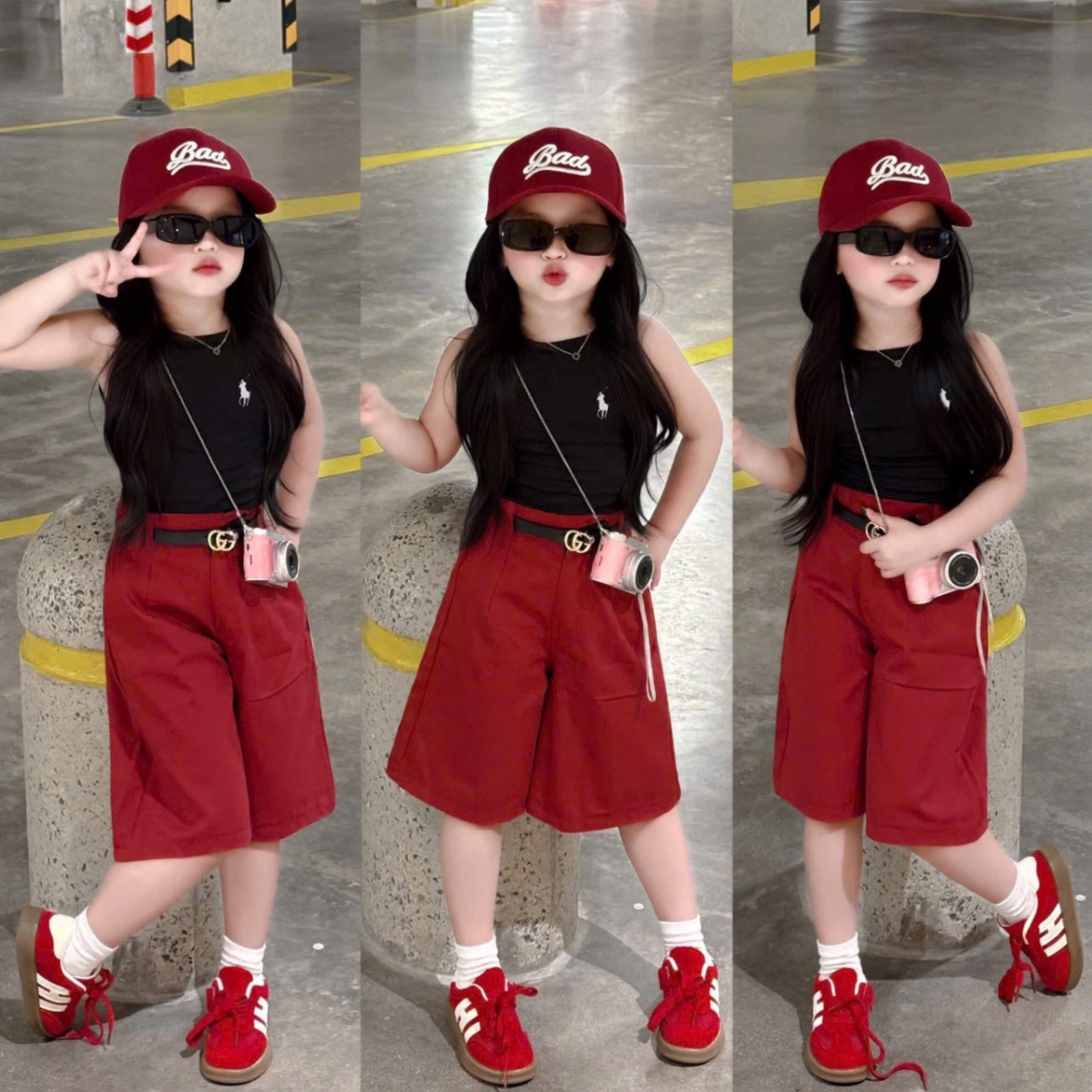 - SET BÉ GÁI ÁO BA LỖ ĐEN NGỰA QUẦN NGỐ ĐỎ