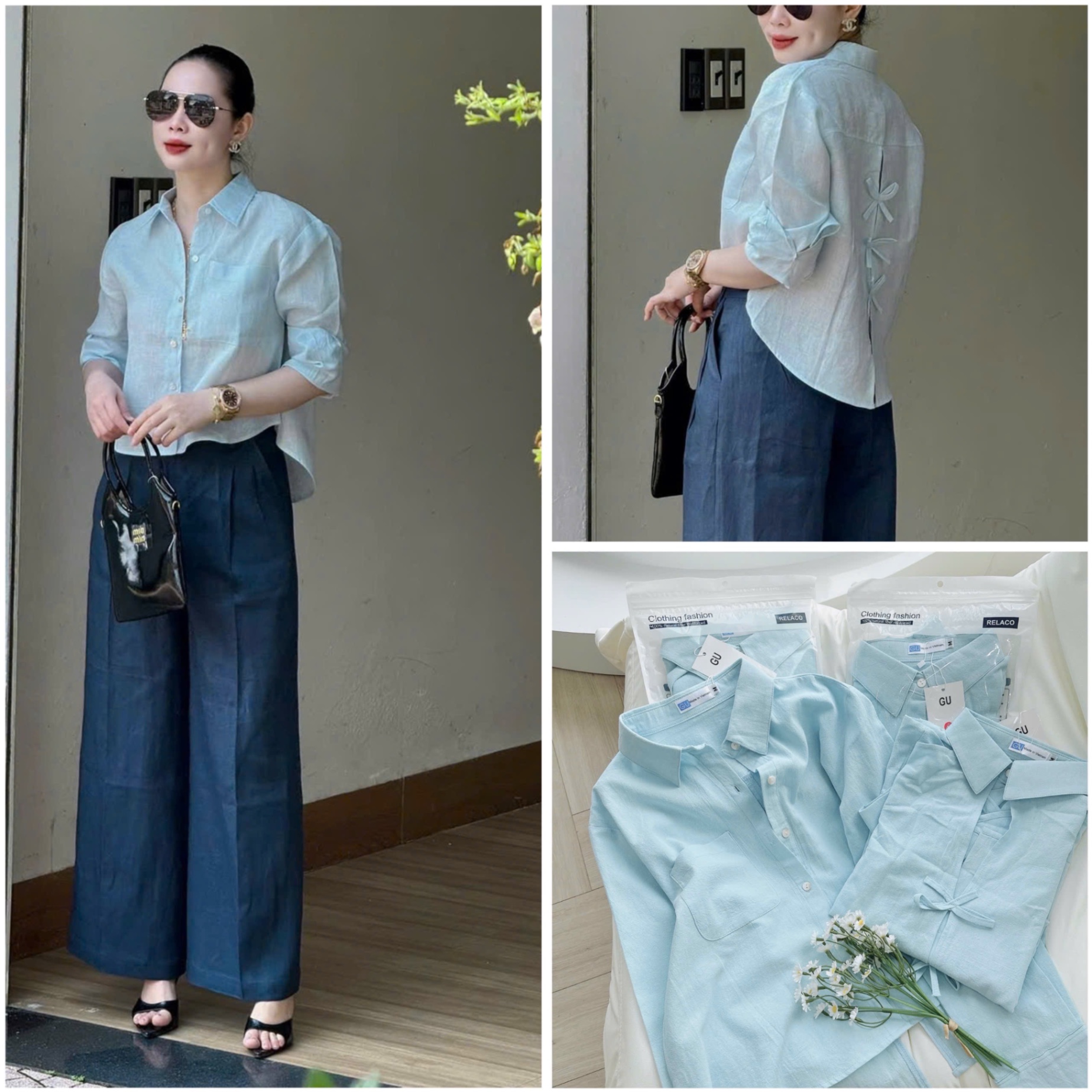 - ÁO SƠ MI NỮ GU XANH DÀI TAY NƠ SAU