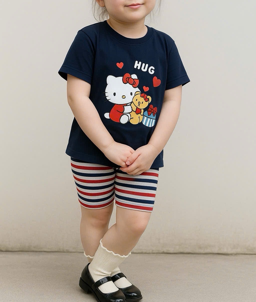 - BỘ ĐÙI BÉ GÁI ÁO THAN KITTY HUG QUẦN KẺ