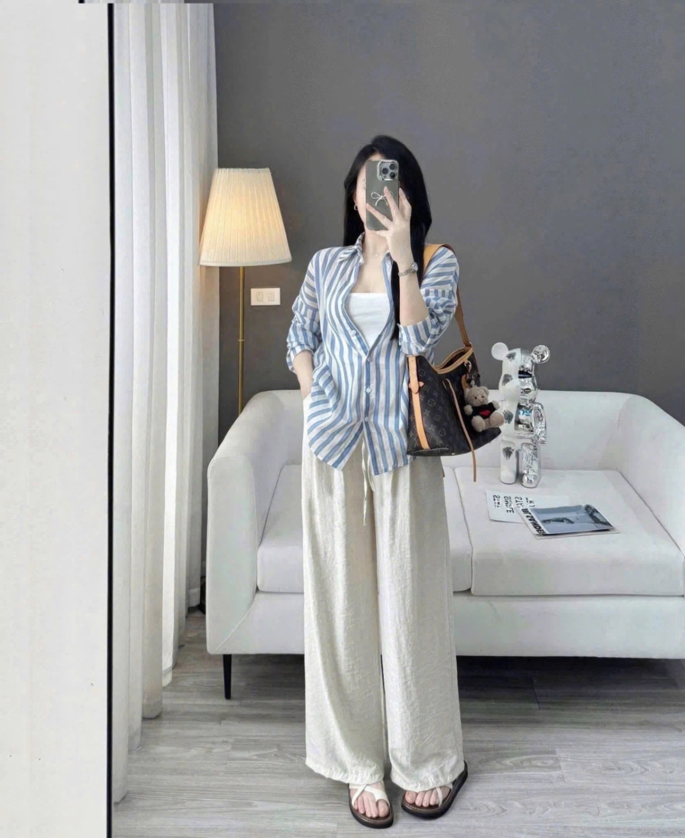 SET NỮ 3CT ÁO SƠ MI XANH SỌC QUẦN SUÔNG BE