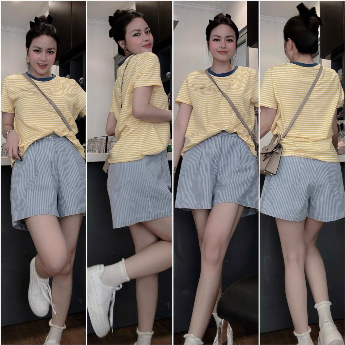 SET ÁO VÀNG KẺ NGANG THÊU QUẦN XANH SỌC