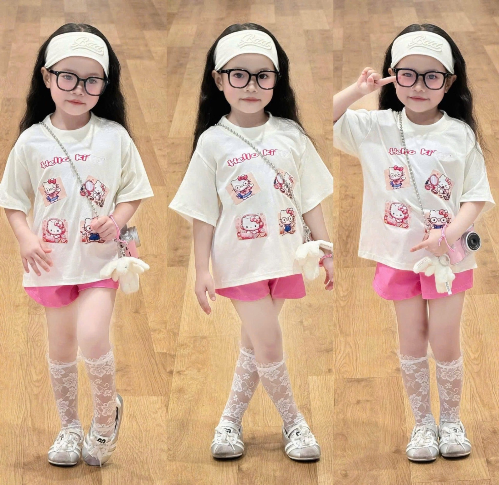 - BỘ ĐÙI BÉ GÁI ÁO TRẮNG Hello Kitty QUẦN HỒNG