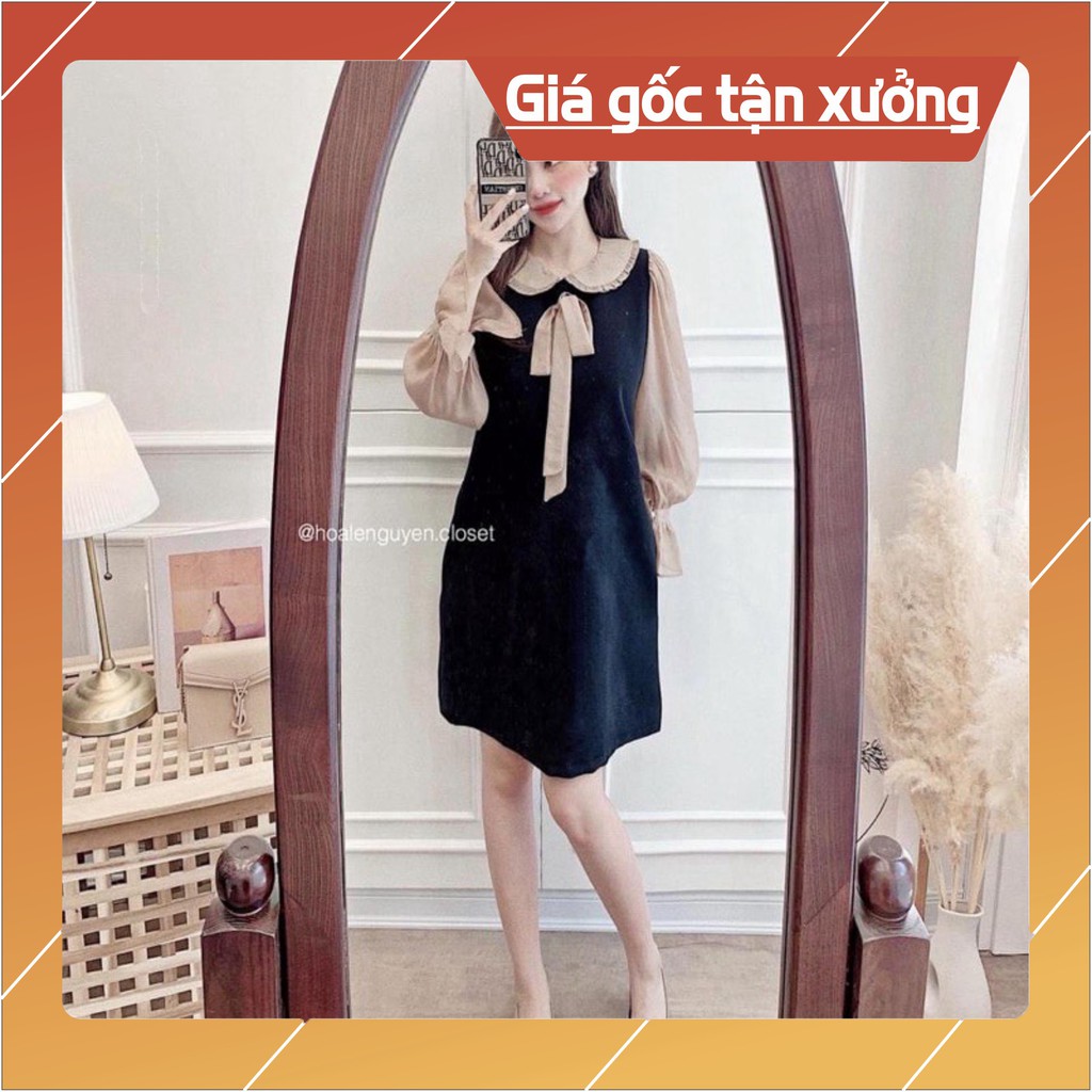 VÁY SUÔNG ĐEN CỔ SEN BE ĐÍNH NƠ