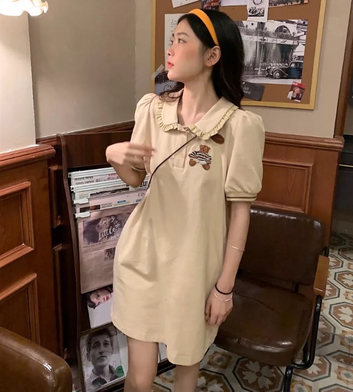 VÁY NỮ CỔ BÈO MÀU BE THÊU GẤU