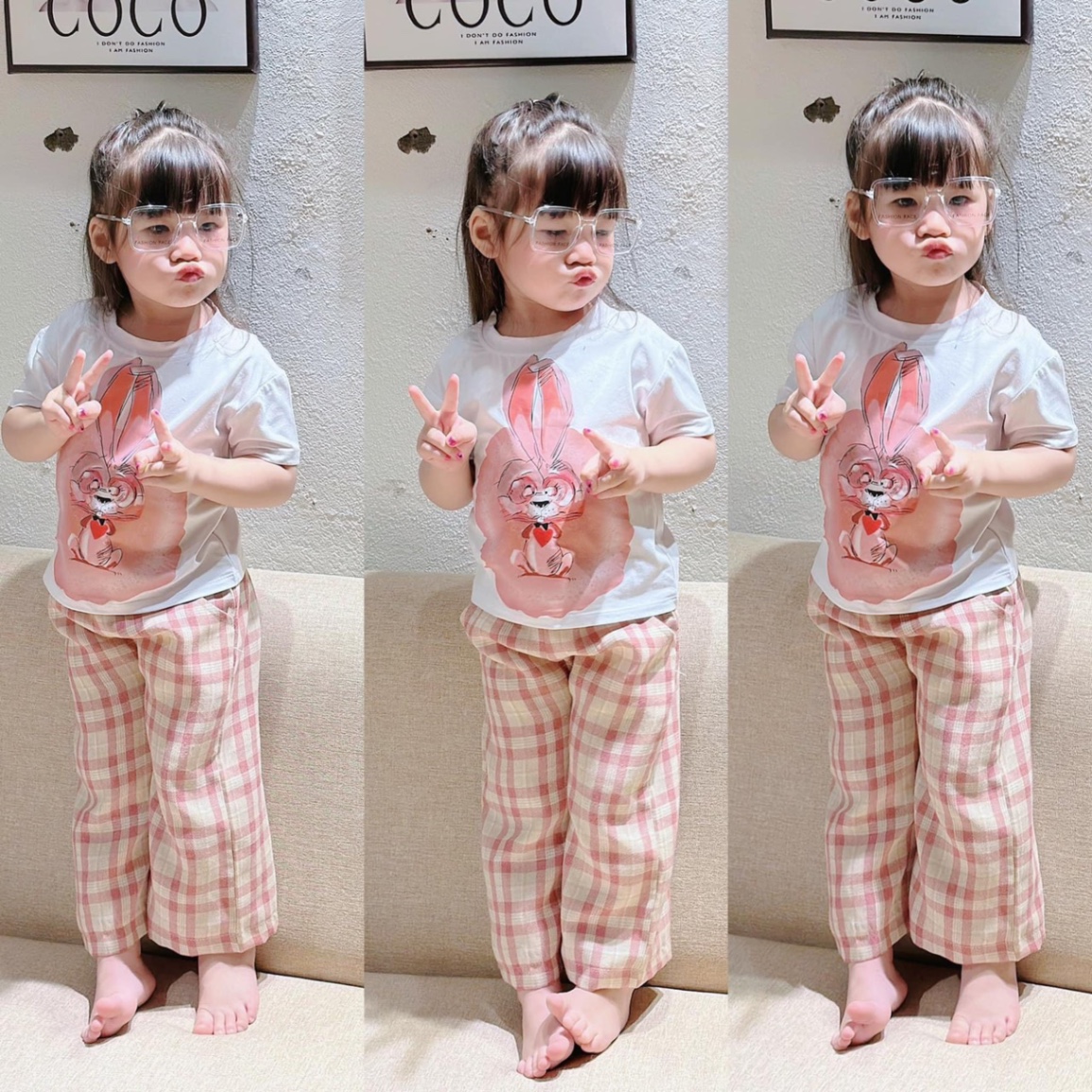- BỘ BÉ GÁI ÁO COTTON THỎ QUẦN KẺ HỒNG