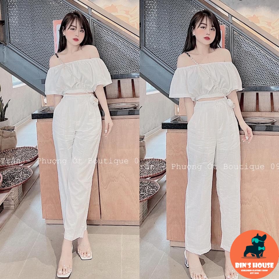 SET ĐŨI NỮ TRẮNG TRỄ VAI CHUN EO QUẦN SUÔNG