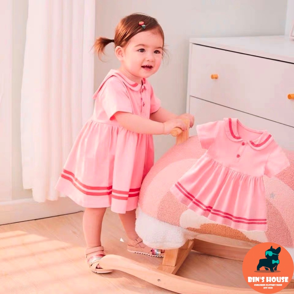 BÁN SỈ  VÁY BÉ GÁI HỒNG CỔ SEN VIỀN ĐỎ
