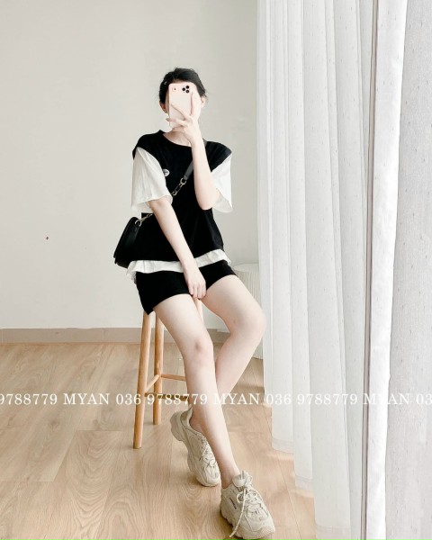 BỘ ĐÙI NỮ COTTON CÁ SẤU PHỐI TAY TRẮNG BÈO