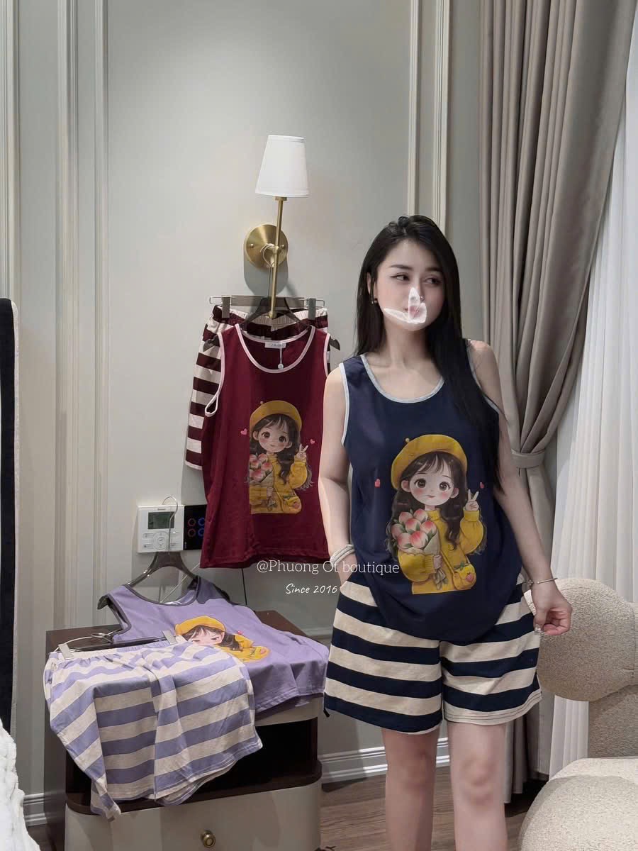 - BỘ ĐÙI NỮ ÁO BA LỖ CÔ GÁI QUẦN KẺ NGANG