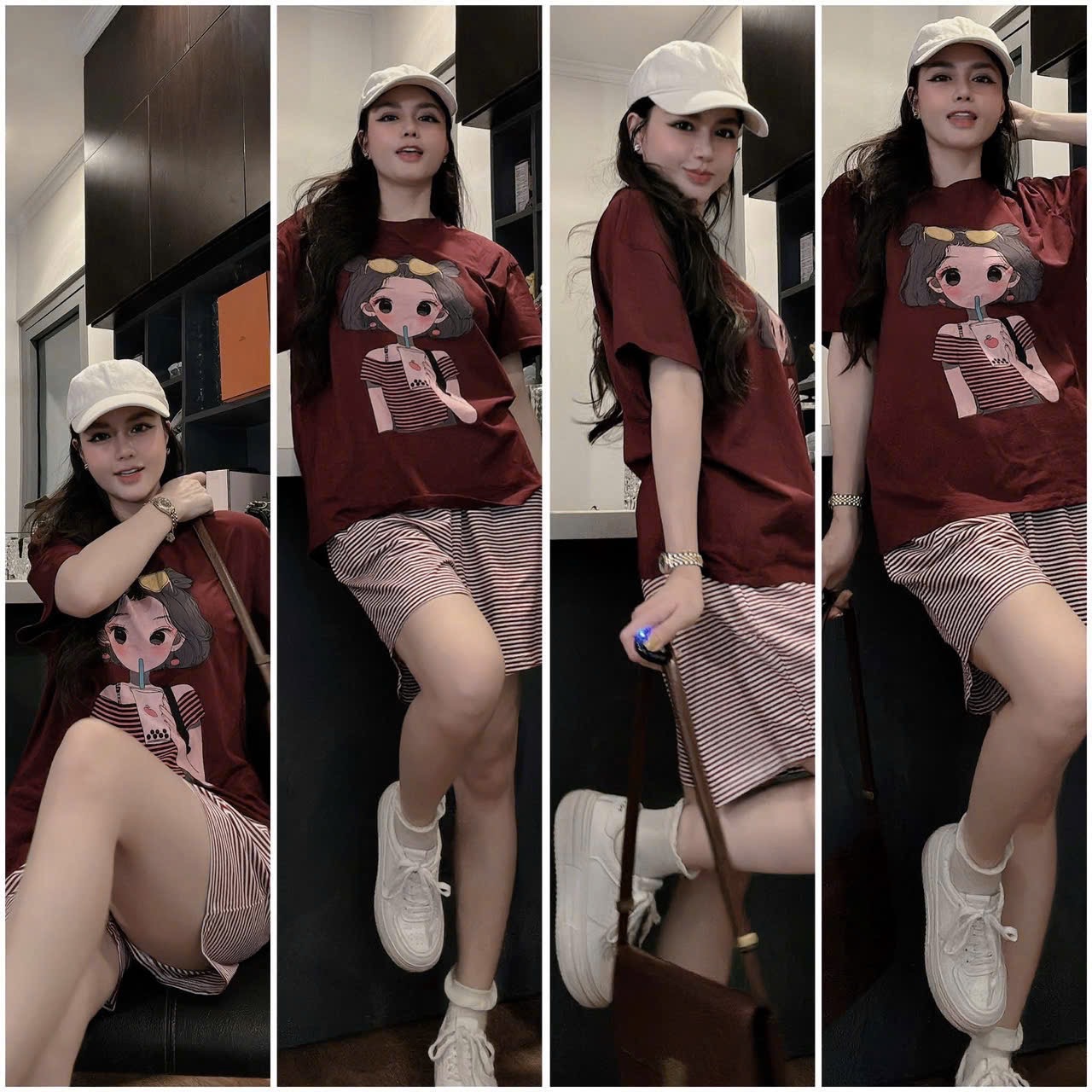 - BỘ ĐÙI NỮ ÁO ĐỎ CÔ GÁI TRÀ SỮA QUẦN KẺ NGANG
