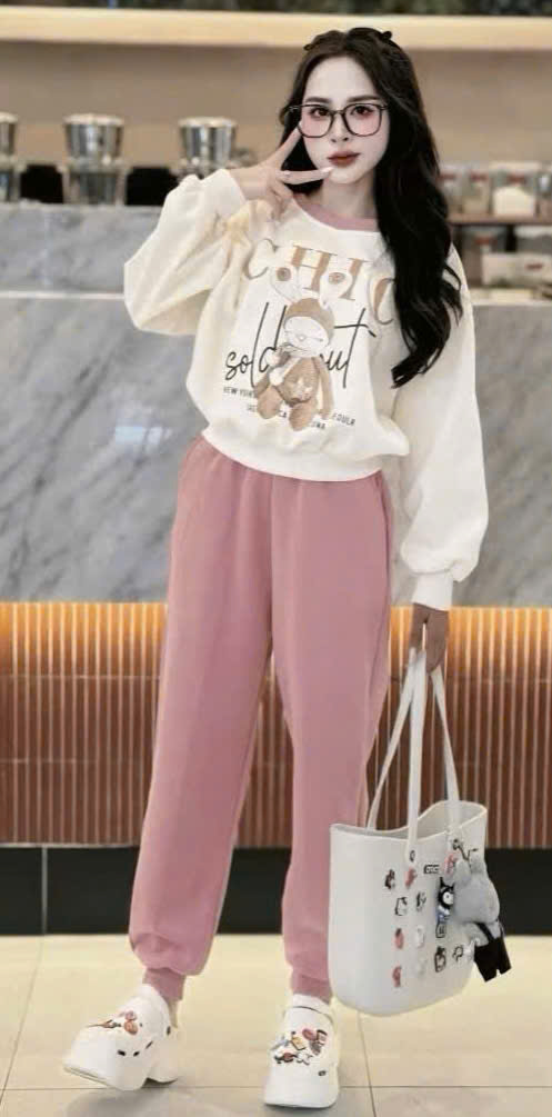 BỘ NỈ THỎ CHỮ CHIC 2 MÀU