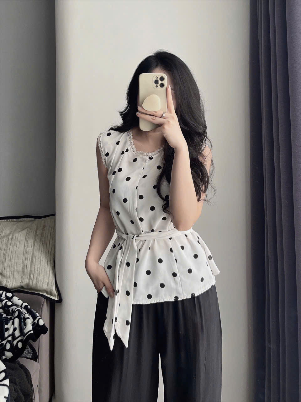 BỘ XN CHẤM BI PHỐI REN MIX QUẦN SUÔNG ĐEN