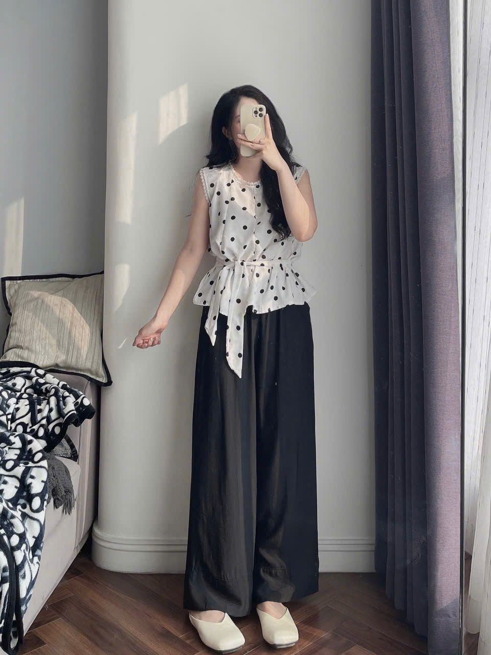 BỘ XN CHẤM BI PHỐI REN MIX QUẦN SUÔNG ĐEN