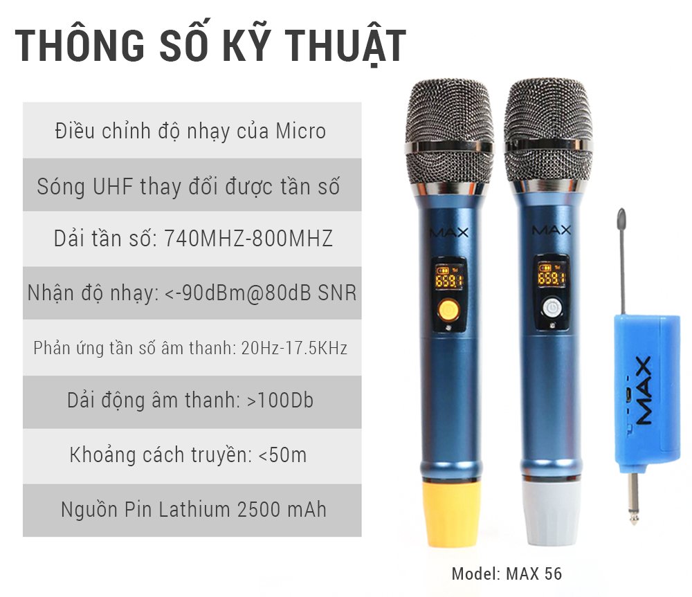 Bộ 2 Micro không dây đa năng Max 56 - Hút âm tốt, chống hú hiệu quả - Sạc pin ngay trên mic