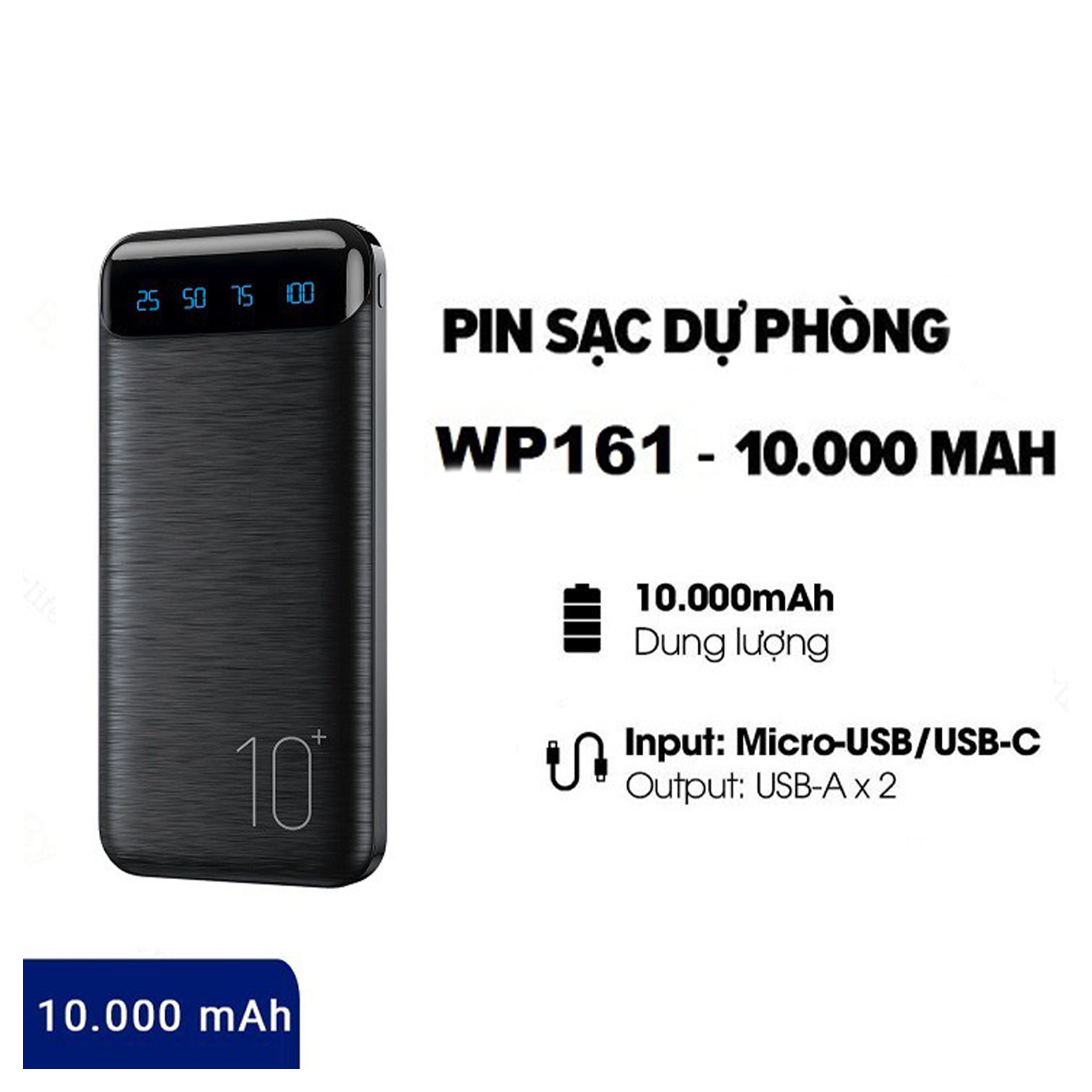Pin Sạc Dự Phòng 10000mAh mWP-161 Sạc 2 Thiết Bị Cùng Lúc, Sạc Nhanh 2.1 Pin Sạc Dự Phòng 10000Mah Mwp-161 Sạc 2 Thiết Bị Cùng Lúc, Sạc Nhanh 2.1