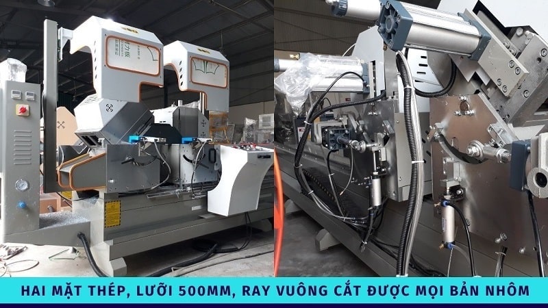 Máy cắt nhôm hai đầu lưỡi 500mm ray vuông hai mặt thép trước sau