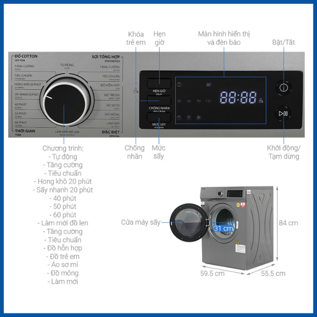 Máy sấy thông hơi 7kg Toshiba TD-H80SEV(WK)