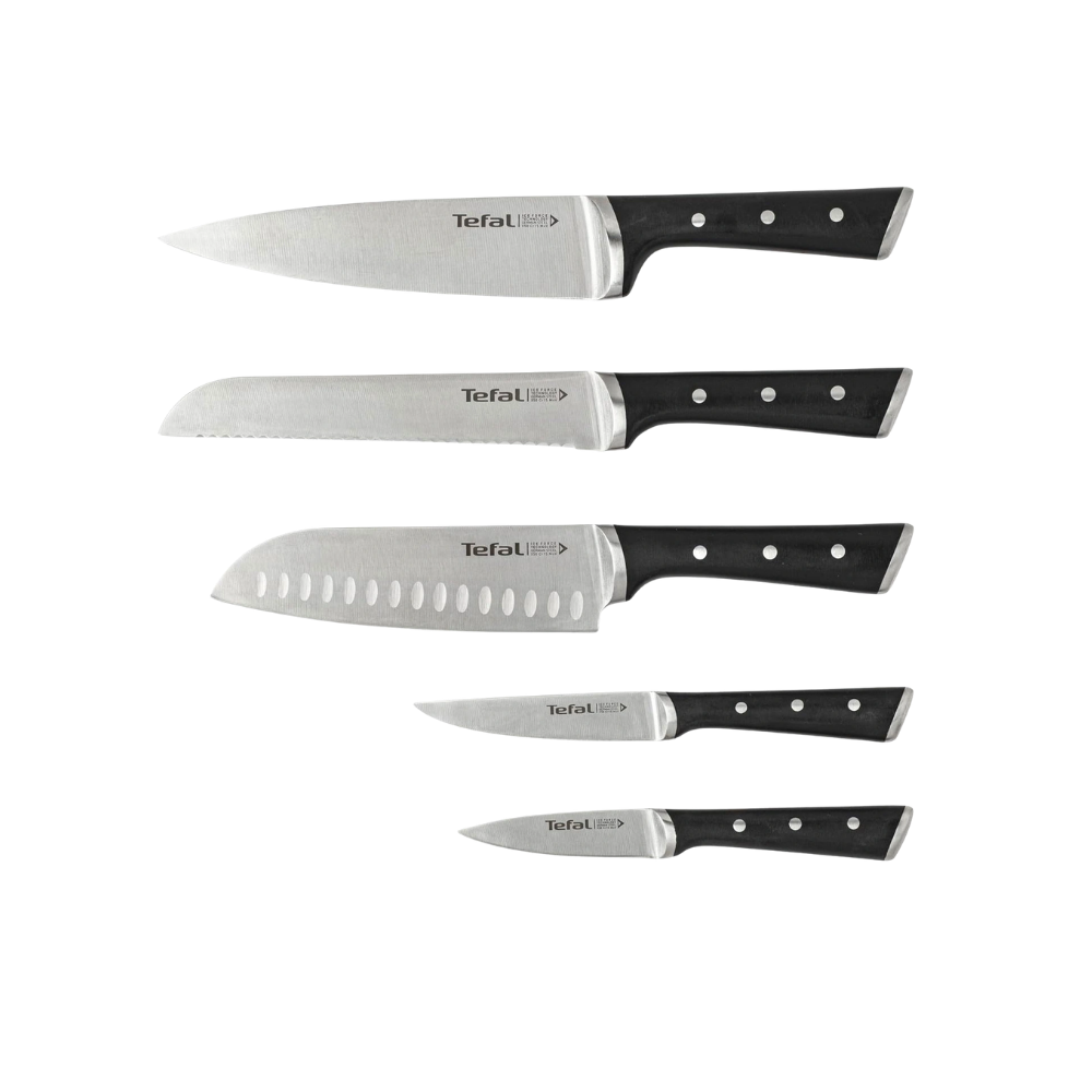 Bộ dao thép Đức 5 món và kệ dao gỗ Tefal Ice Force K232S574, 20cm/20cm/18cm/11cm/9cm