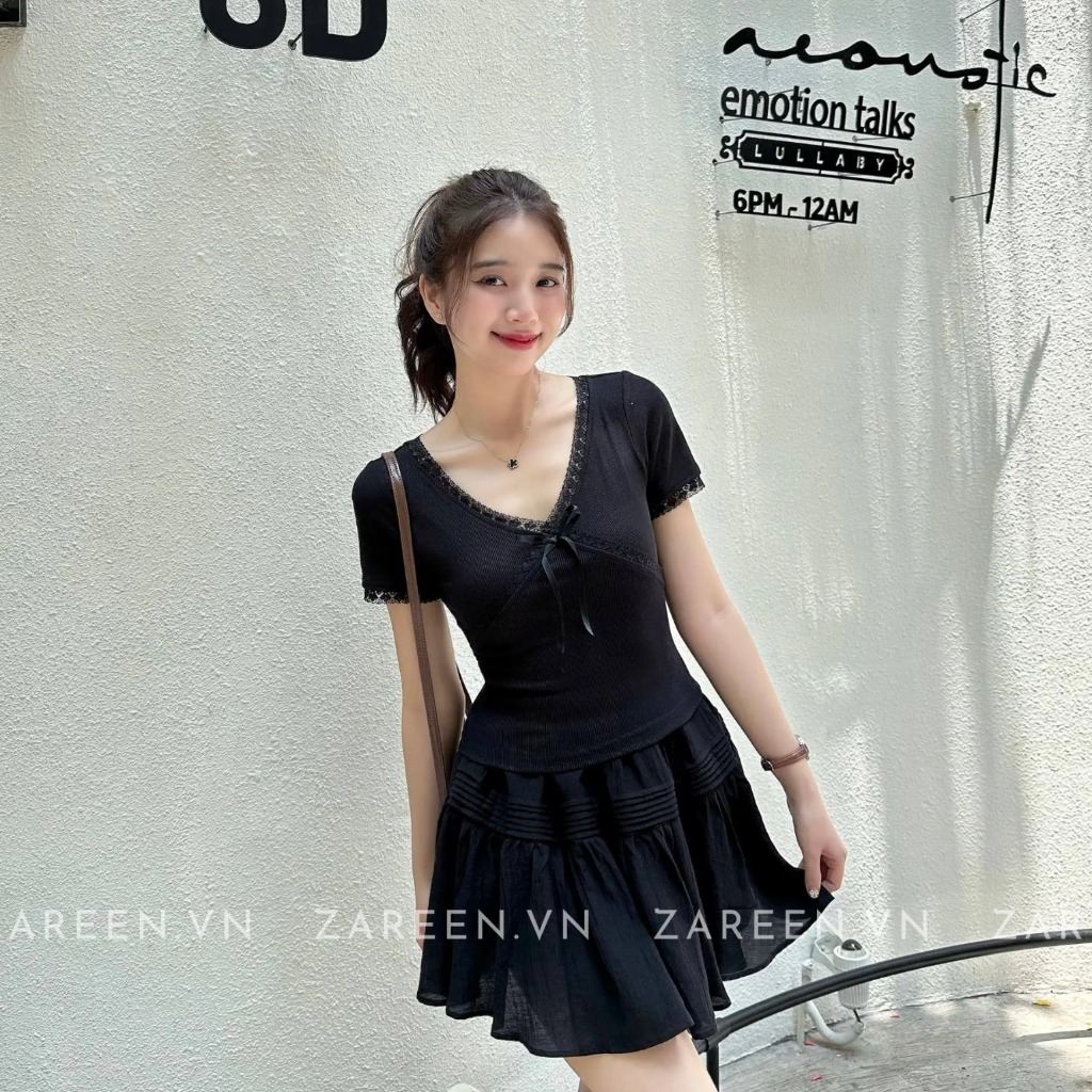 ÁO THUN CROPTOP CỔ V PHỐI REN ZAREEN THU163