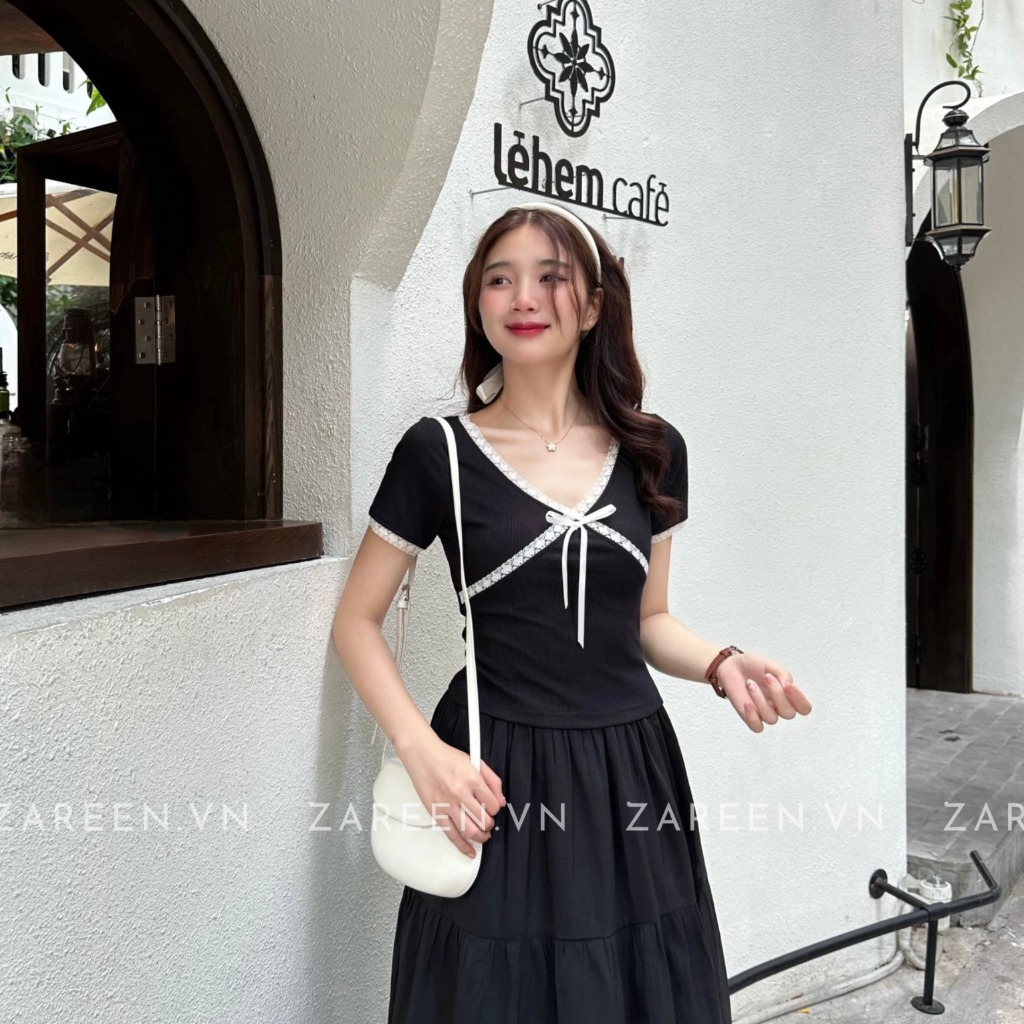 ÁO THUN CROPTOP CỔ V PHỐI REN ZAREEN THU163