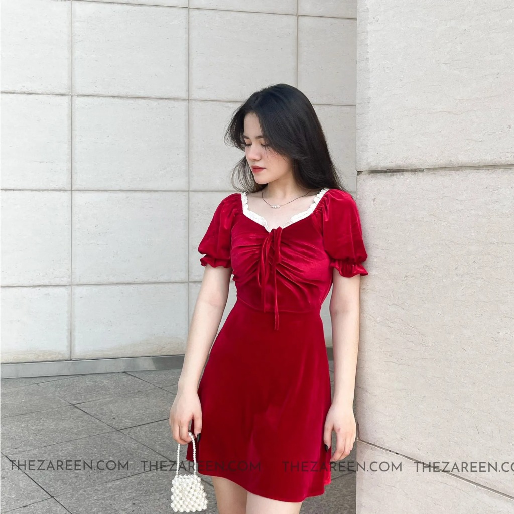 ĐẦM NHUNG CỔ VUÔNG THẮT NƠ ZAREEN DAX58