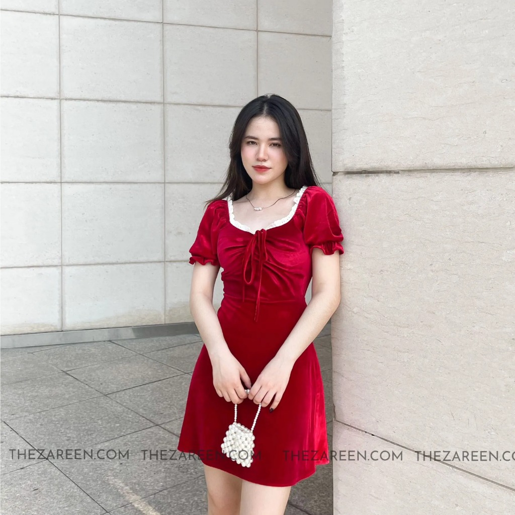 Đầm xoè nhung đỏ phối cổ ren trắng | Thương hiệu thời trang công sở cho  phái đẹp