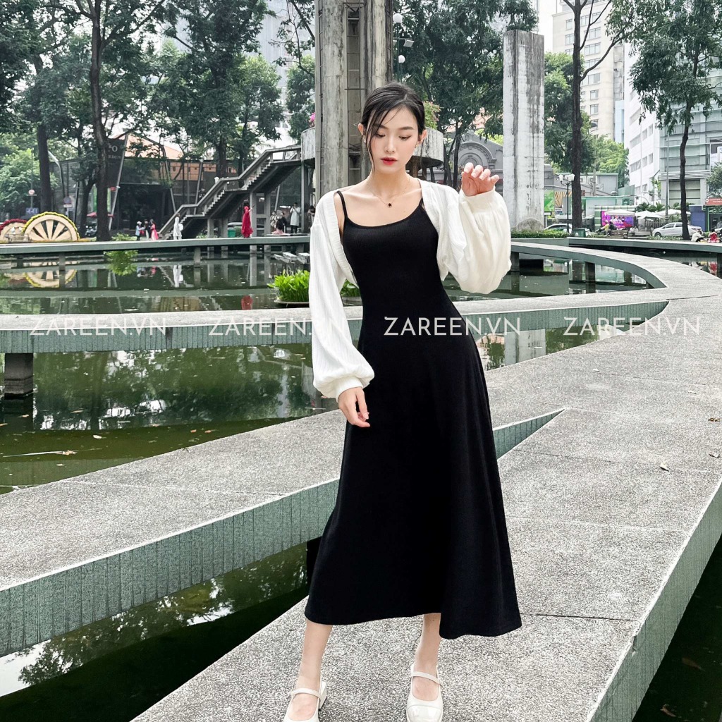 Set đầm body 2 dây dáng dài maxi xẻ tà kèm áo khoác len cardigan dài tay 2  màu đen đỏ có nhún eo cực xinh chất thun mềm - Tìm Voucher