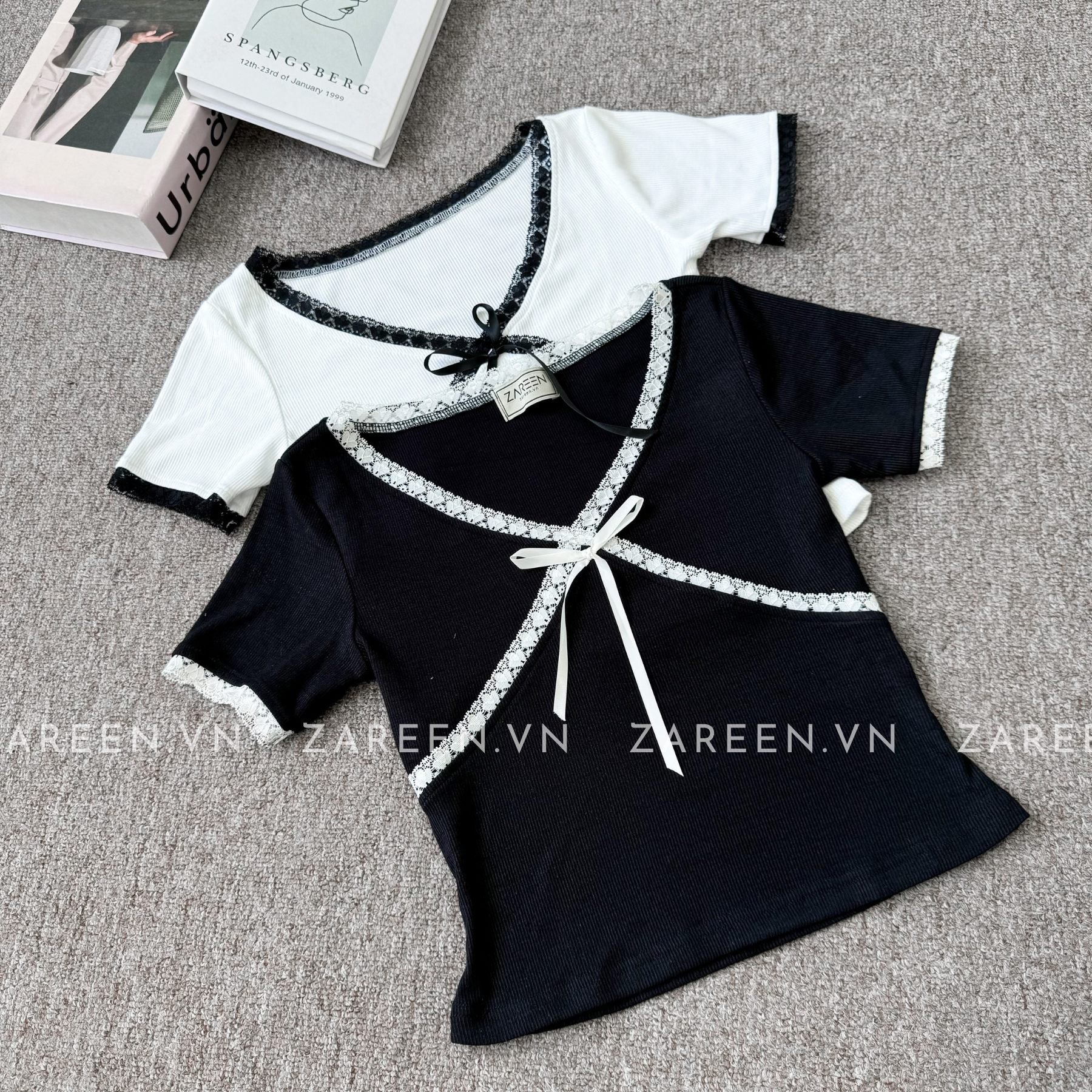 ÁO THUN CROPTOP CỔ V PHỐI REN ZAREEN THU163