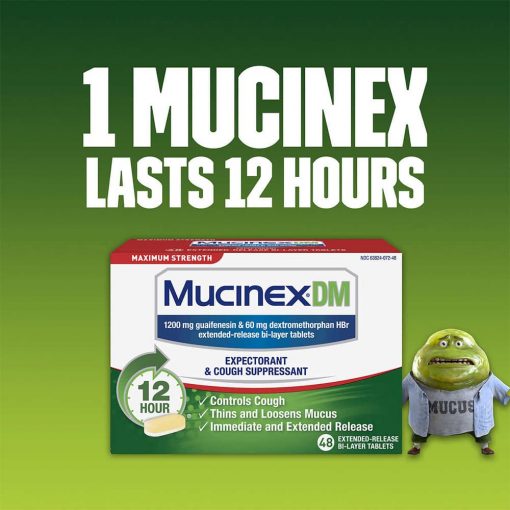 Viên uống trị ho có đờm Mucinex DM Expectorant & Cough Suppressant 12 Hour 48 viên giúp làm lỏng các dịch tiết của niêm mạc mũi xoang, họng, khí