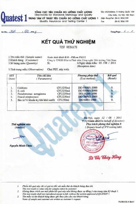 Bảng chất lượng nước tháng 7.2014 nhà máy nước Bắc Ninh