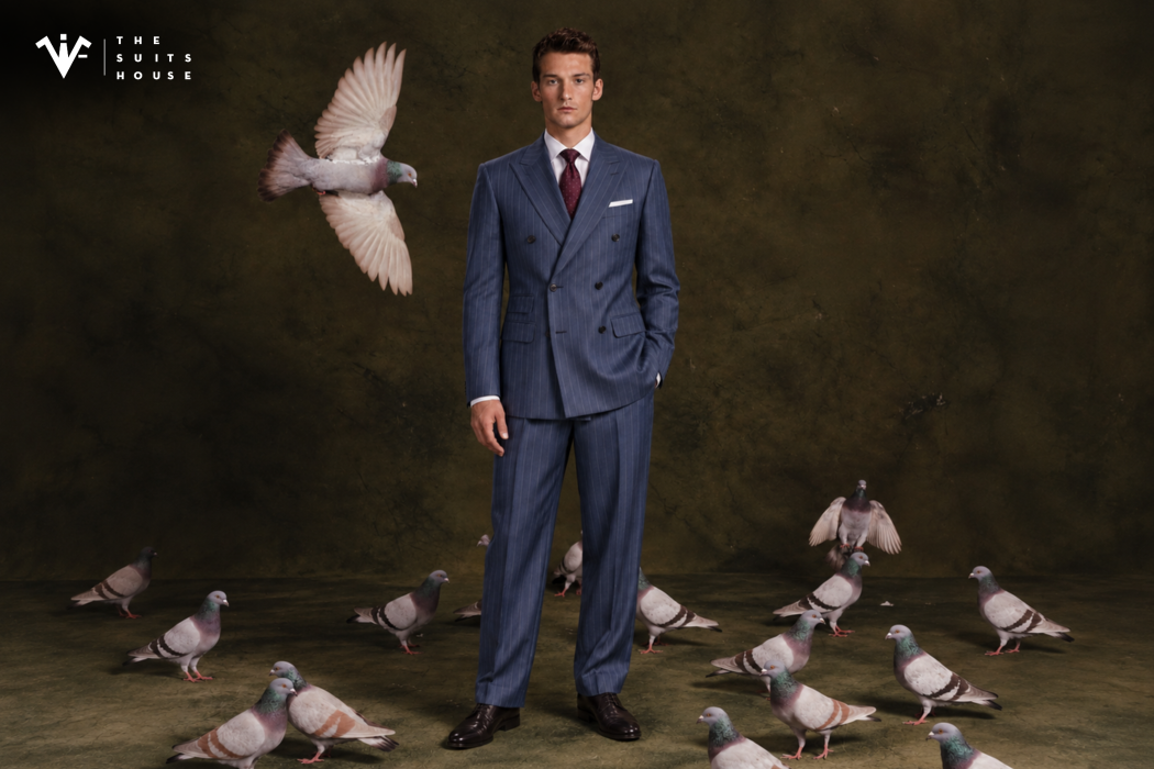 Uy Quyền: Slate Blue Pinstripe Bespoke Double-Breasted Suit