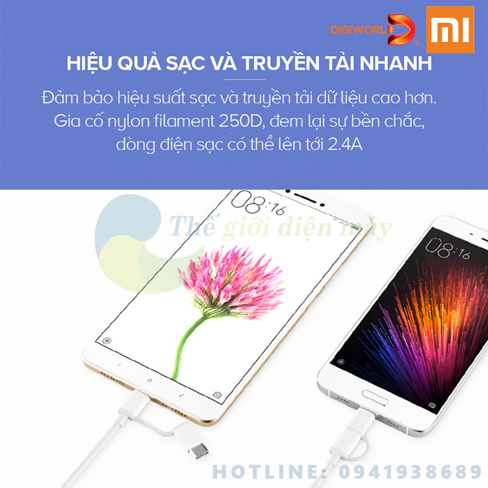 Dây sạc Xiaomi 2 trong 1 mini usb và type C 1m SJX02ZM - Phân phối bởi DigiWorld - shop Thế giới điện máy