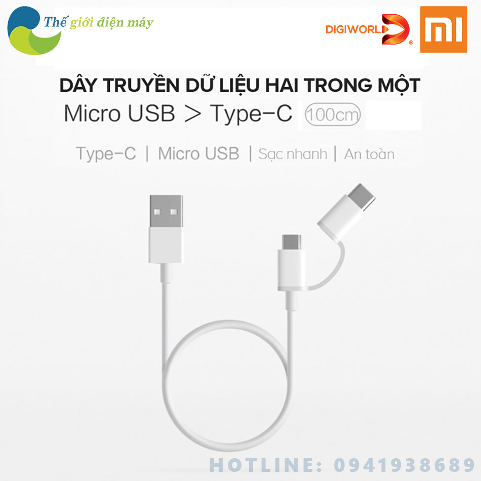 Dây sạc Xiaomi 2 trong 1 mini usb và type C 1m SJX02ZM - Phân phối bởi DigiWorld - shop Thế giới điện máy