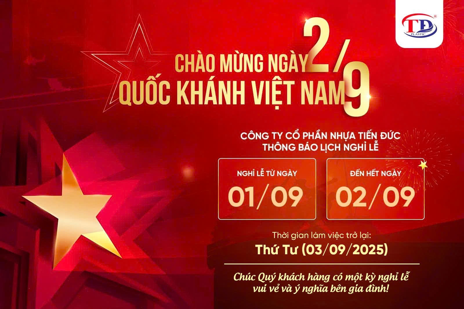 NHỰA TIẾN ĐỨC THÔNG BÁO NGHỈ LỄ QUỐC KHÁNH 2/9