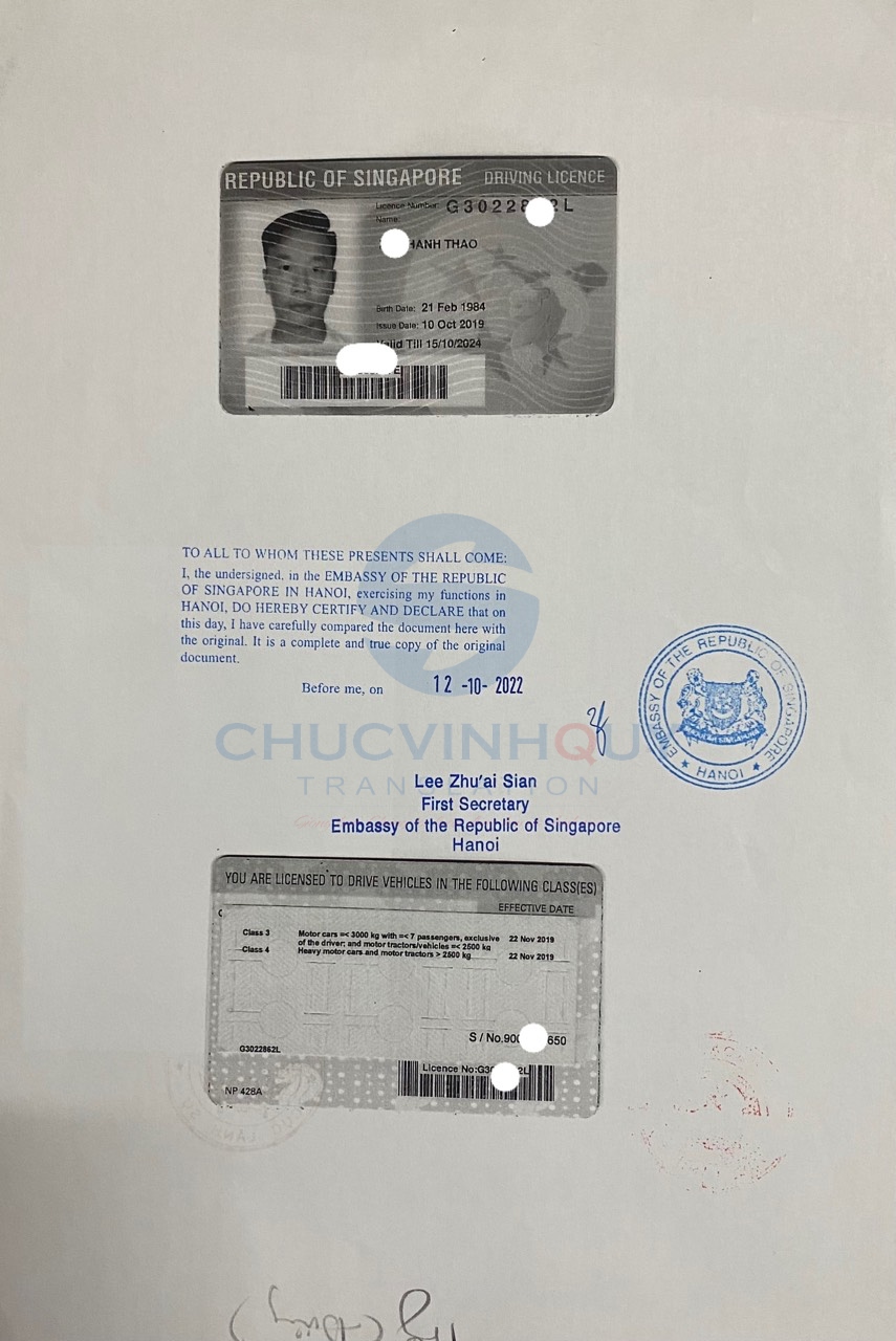 Giấy chứng nhận đại sứ quán Singapore