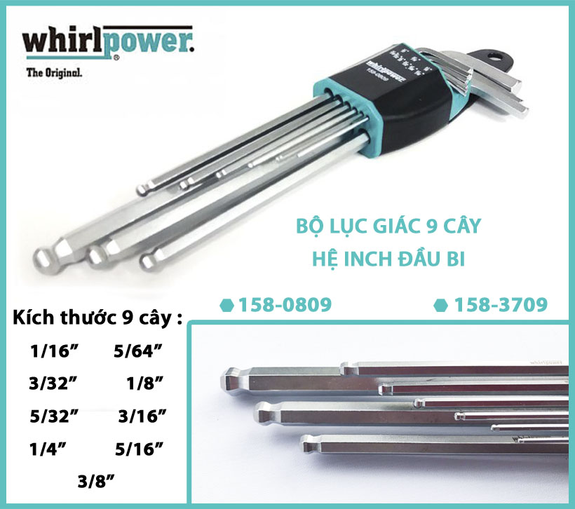 BỘ LỤC GIÁC CHỮ L 9 CÂY (HỆ INCH ĐẦU BI) WHIRLPOWER