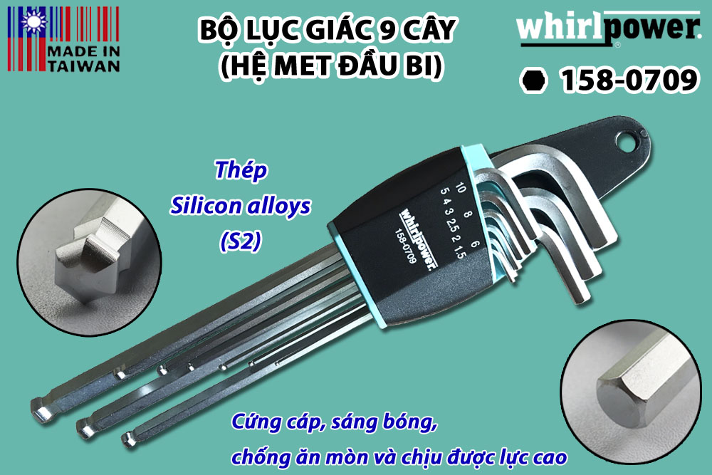 BỘ LỤC GIÁC CHỮ L 9 CÂY (HỆ MET ĐẦU BI) WHIRLPOWER 158-0709