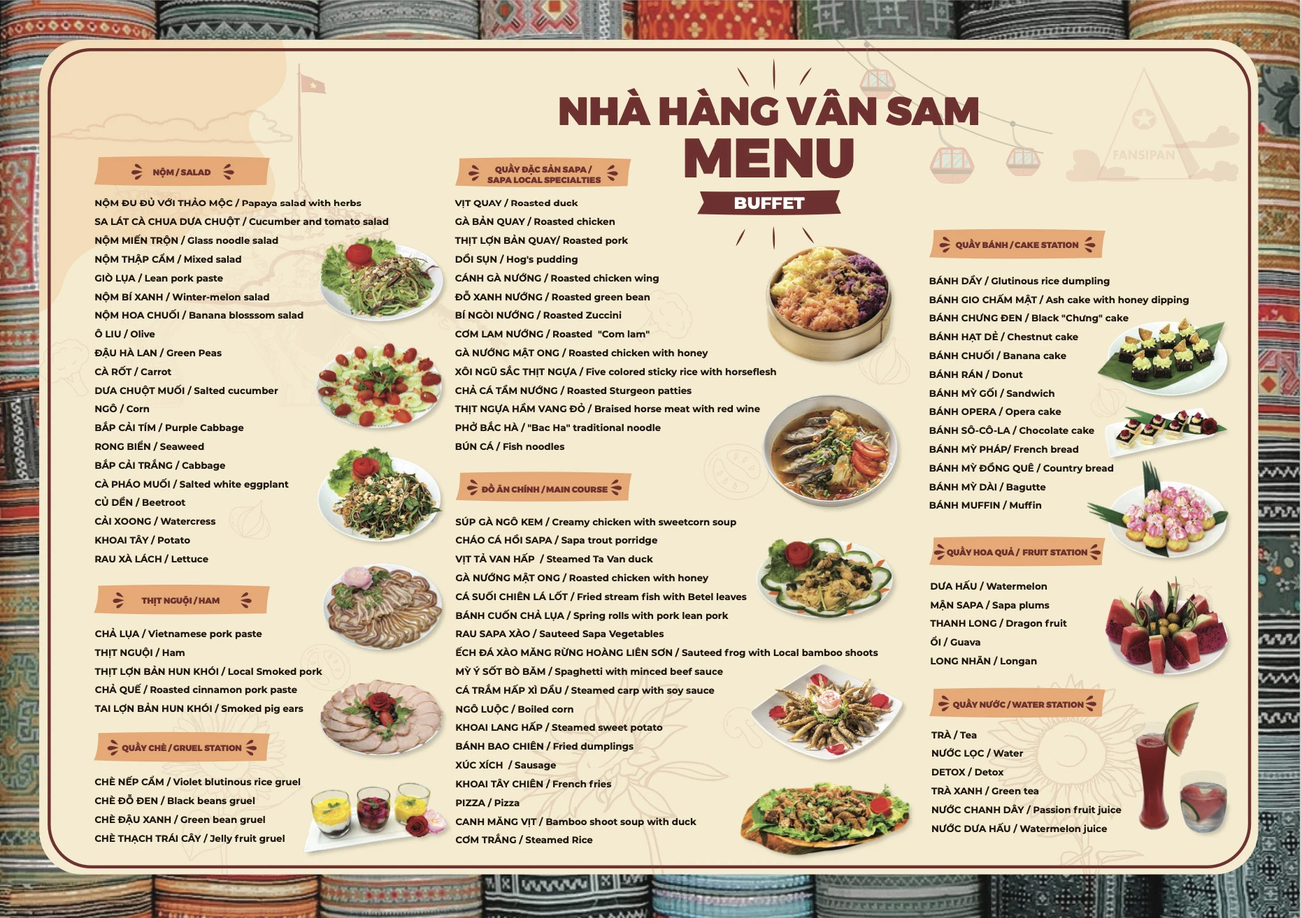 menu buffet trưa nhà hàng Vân Sam