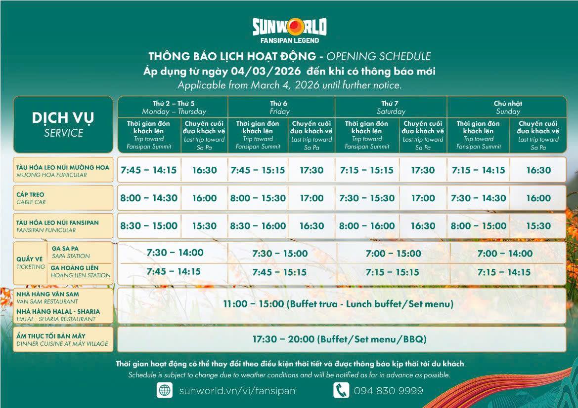 Thời gian hoạt động của Sun World Fansipan Legend