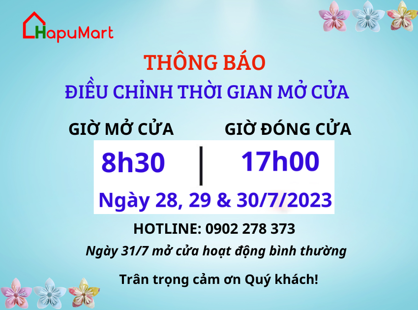 Thông báo thay đổi giờ cửa ngày 28. 29 & 30/7/2023