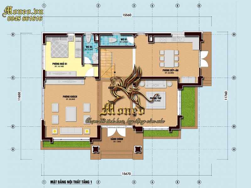 Mặt bằng tầng 1 mẫu biệt thự 3 tầng mặt tiền 15m đẹp