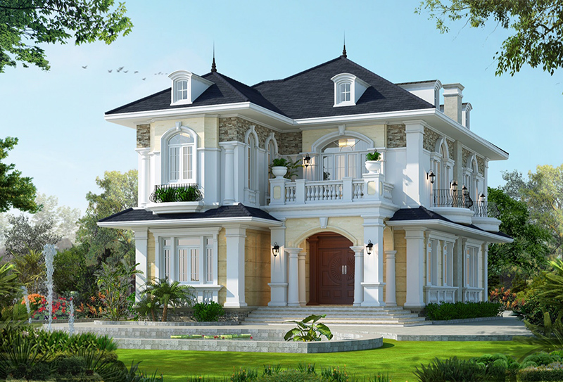 Bản vẽ thiết kế mặt tiền biệt thự tân cổ điển 2 tầng