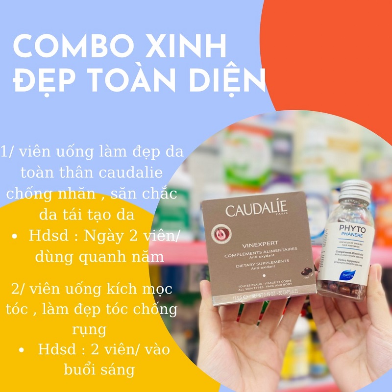 Combo Viên Uống Đẹp Da Caudalie + Viên Trị Rụng Tóc Phyto Paris Phytophanere