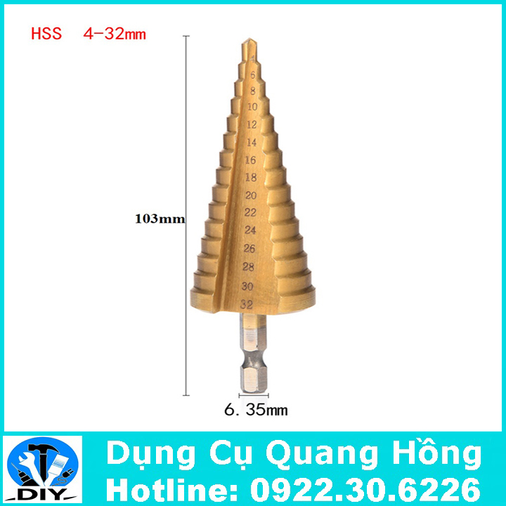 Mũi khoan tháp, bước HSS 4241 4-32mm khoan sắt nhôm tôn chuôi lục giác 6.35mm